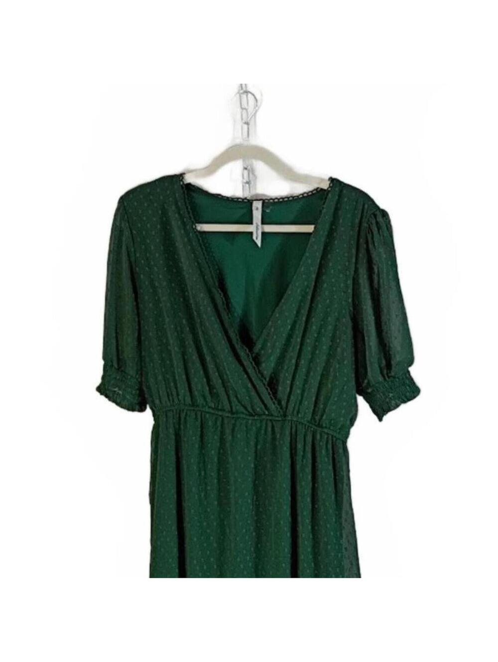 NY Collection Dark Green Dress with Ruffle Hem and V-Neck Size L